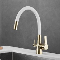 Смеситель для кухни Shevanik S668E с гибким изливом, золото, белый