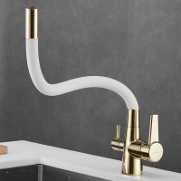 Смеситель для кухни Shevanik S668E с гибким изливом, золото, белый