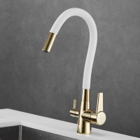 Смеситель для кухни Shevanik S668E с гибким изливом, золото, белый