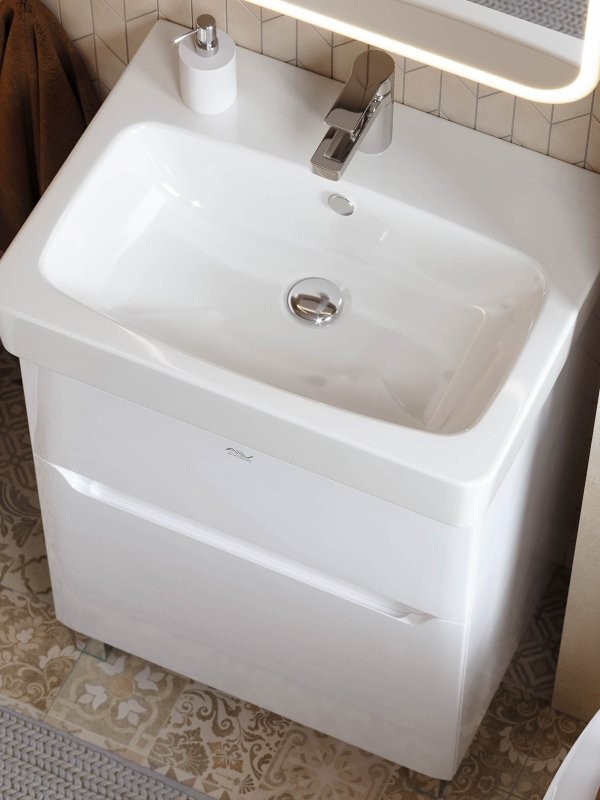 Тумба с раковиной Alavann Lana 60 напольная, 2 ящика, раковина Santek Нео 60, белая