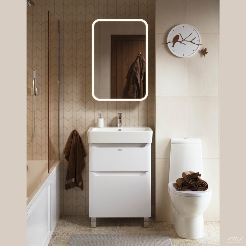 Тумба с раковиной Alavann Lana 60 напольная, 2 ящика, раковина Santek Нео 60, белая