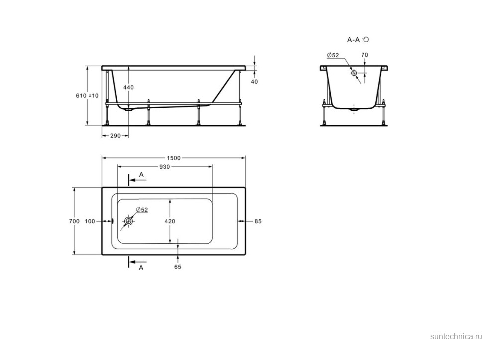 Акриловая ванна Roca Leon без опоры 150x70 см, пристенная, белая