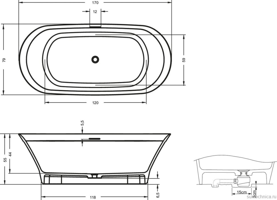 Ванна из искусственного камня Riho Barca BS6000500000000 170x80 см, отдельностоящая, матовая белая, овальная, со сливом-переливом
