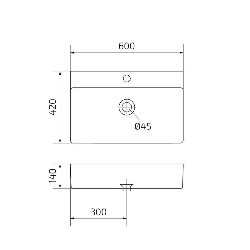 Накладная раковина GID Geometrico N9256 60 глянцевая белая, прямоугольная, фаянс, с 1 отверстием под смеситель