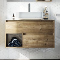 Мебель для ванной комнаты STWORKI Карлстад 90 дуб рустикальный, простоун беж, в стиле лофт, подвесная, российская
