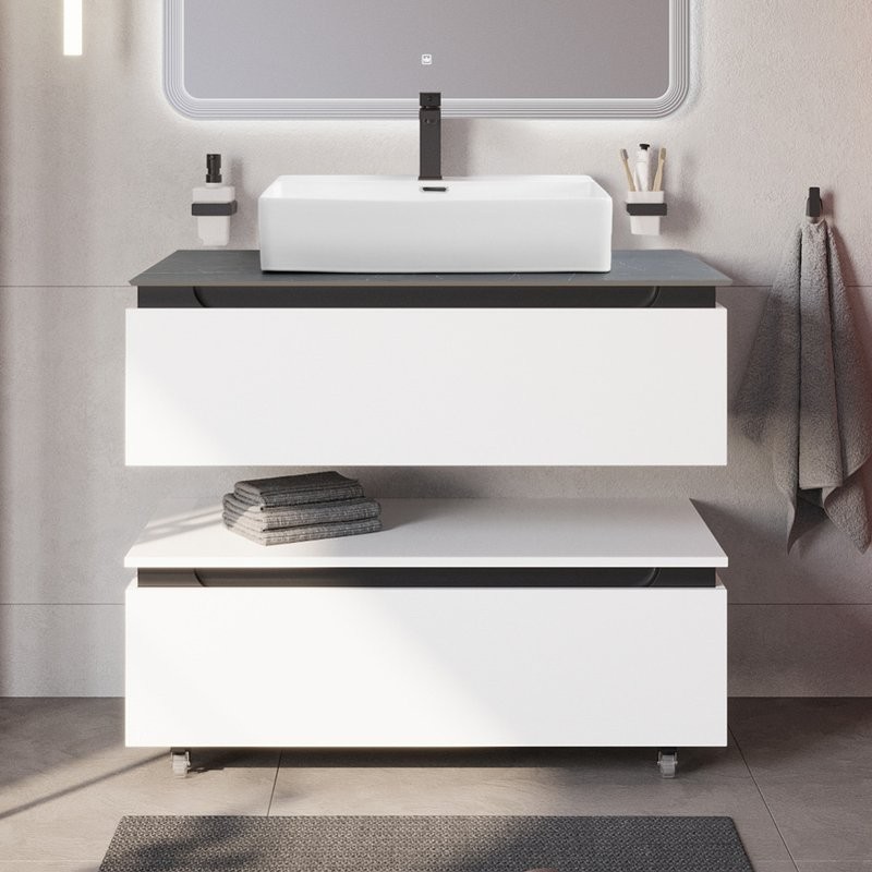 Тумба с раковиной Cezares Slider 100 подвесная, 2 ящика, со столешницей marmo nero opaco