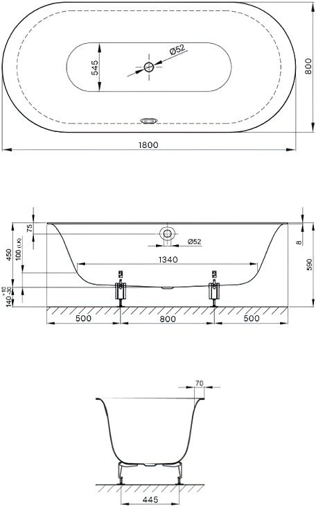 Стальная ванна Bette Lux Oval 180x80 см, встраиваемая, белая, овальная, на ножках, с шумоизоляцией