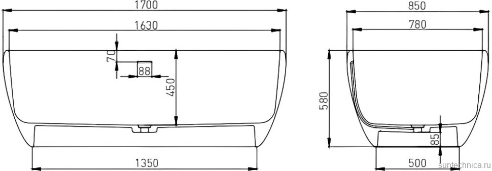 Ванна из искусственного камня Salini Luce 170x85 см, отдельностоящая, матовая белая, овальная, со сливом-переливом, с донным клапаном