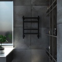 Полотенцесушитель электрический Grota Tela 430х600 RAL9005 EL 60x45 см, подключение справа, слева, скрытое подключение справа, матовый черный, лесенка, из стали, с полкой