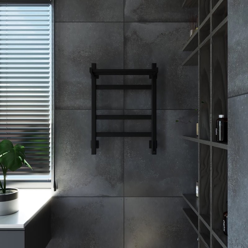 Полотенцесушитель электрический Grota Tela 430х600 RAL9005 EL 60x45 см, подключение справа, слева, скрытое подключение справа, матовый черный, лесенка, из стали, с полкой