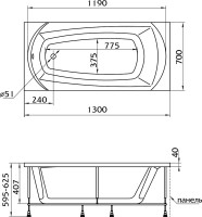 Акриловая ванна 1MarKa Elegance 130x70 см, пристенная, белая, с каркасом