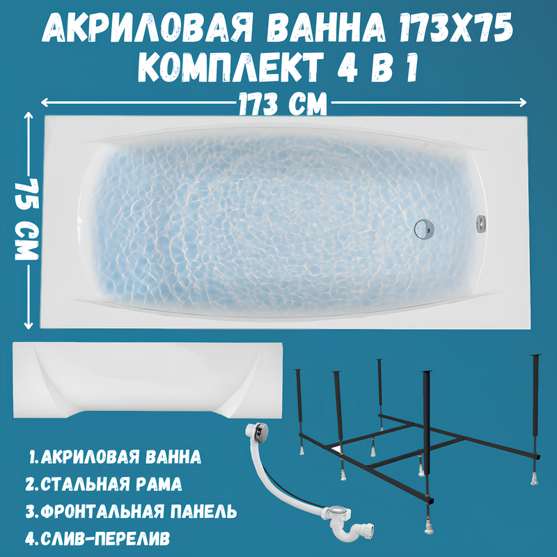 Акриловая ванна 1MarKa Pragmatika Премиум 175x75 см, пристенная, белая, с каркасом, с экраном, со сливом-переливом