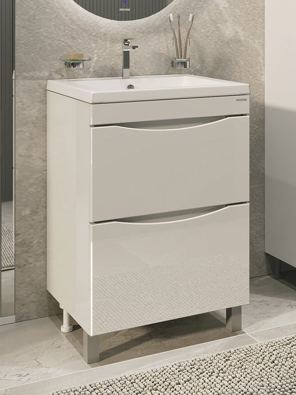 Тумба с раковиной Grossman Виста 58 напольная, 2 ящика, белый глянец