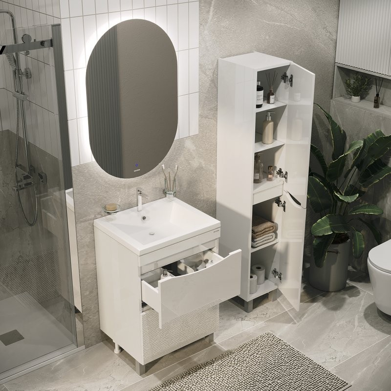 Тумба с раковиной Grossman Виста 58 напольная, 2 ящика, белый глянец