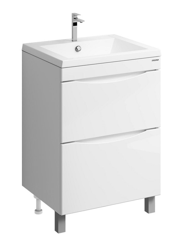 Тумба с раковиной Grossman Виста 58 напольная, 2 ящика, белый глянец