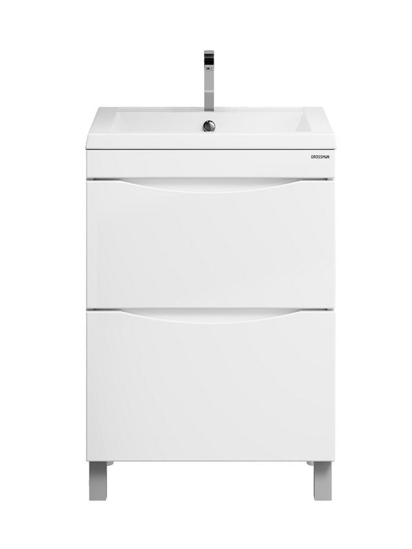 Тумба с раковиной Grossman Виста 58 напольная, 2 ящика, белый глянец