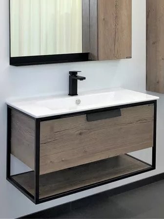 Тумба с раковиной Comforty Бонн 90 подвесная, темный дуб, с раковиной Quadro 90