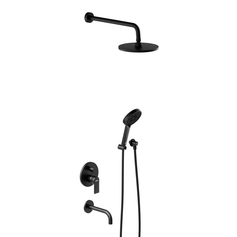 Душевая система с тропическим душем Damixa Apollo 947510300 черная матовая, скрытого монтажа, смеситель для 3 потребителей, излив, верхний душ, встраиваемый душевой комплект, гарантия 10 лет, Дания
