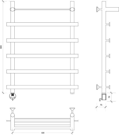 Полотенцесушитель электрический Secado Понтида 1 СП, L 80x60 см, подключение слева, глянцевый хром, лесенка, с полкой