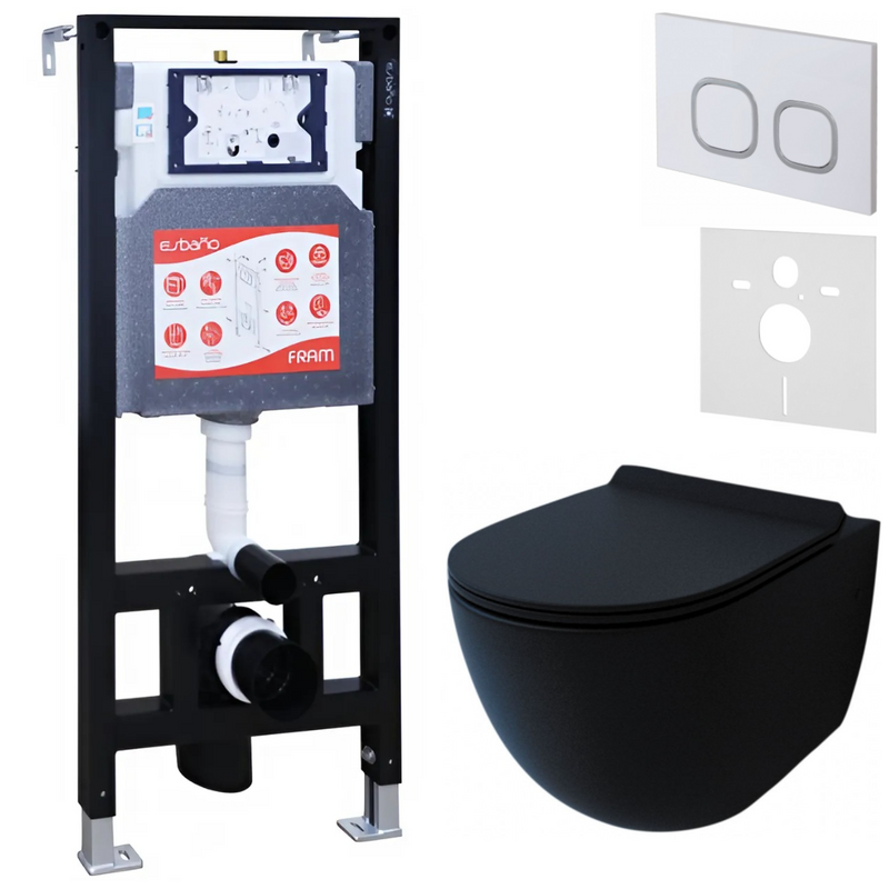 Комплект Унитаз подвесной Esbano Garcia ESUPGARCBM матовый черный + Инсталляция Fram + Кнопка ESINLPS10GW