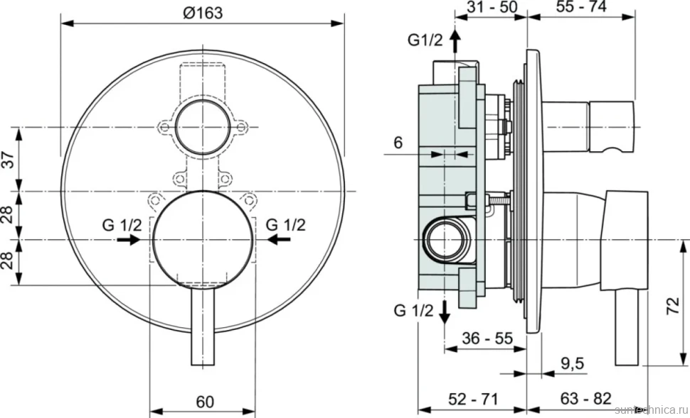 Встраиваемый смеситель для душа и ванны Ideal Standard Ceraline A6939AA С ВНУТРЕННЕЙ ЧАСТЬЮ