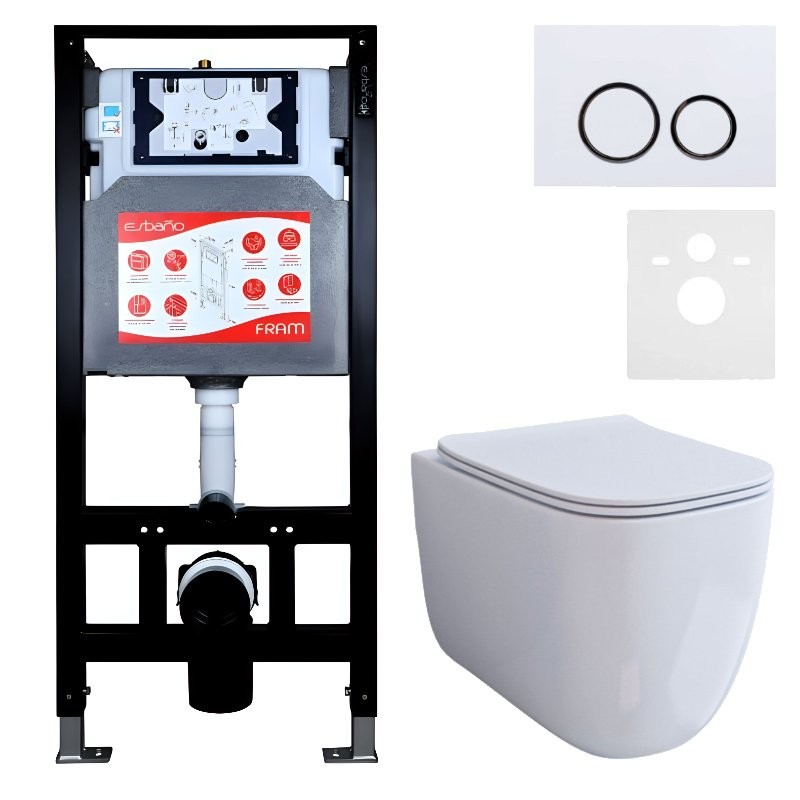 Комплект 3 в 1 Унитаз подвесной Esbano ESUPGARAW + Инсталляция Fram + Кнопка ESINKRG11GW цвет глянцевый белый