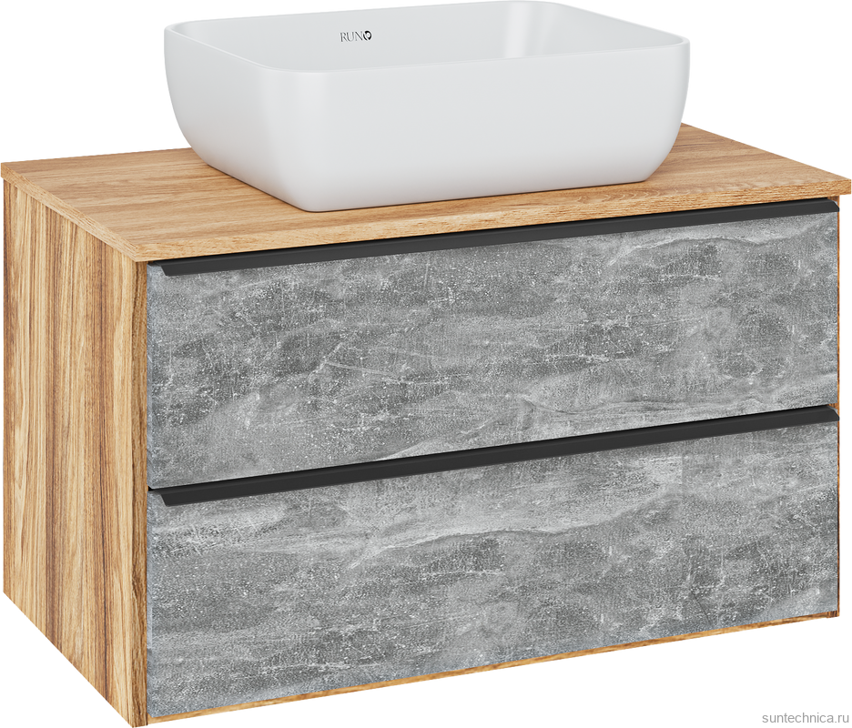 Тумба с раковиной Runo Мальта 85 подвесная, дуб, серая, раковина Cuatro 50