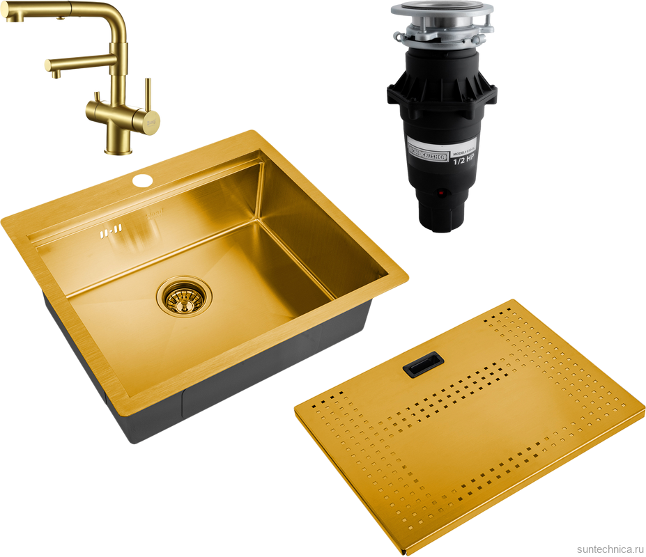 Комплект Мойка Zorg Master N-5952 Bronze + Смеситель Sanitary SZR-3216 Bronze бронза + Измельчитель Bone Crusher BC 810-SL Slim Line