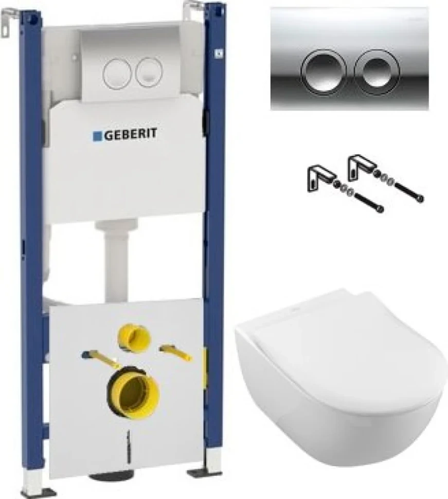 Комплект Унитаз подвесной Villeroy & Boch Subway 2.0 5614R201 alpin + Инсталляция Geberit Duofix Delta 458.124.21.1 3 в 1 с кнопкой смыва, хром + Звукоизоляция