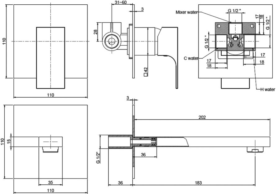 Смеситель для раковины Paini Grazia 21PZ208 С ВНУТРЕННЕЙ ЧАСТЬЮ, черный матовый