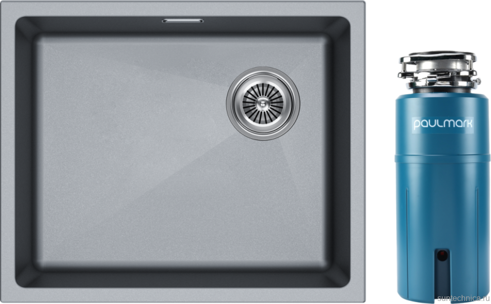 Комплект Мойка Paulmark Lumi LU55SK-GRM серый металлик + Измельчитель Intenso
