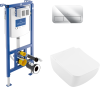 Комплект Унитаз подвесной Villeroy & Boch Venticello 4611RL01 безободковый, альпийский белый + Инсталляция + Кнопка Viconnect 9224 9061 хром