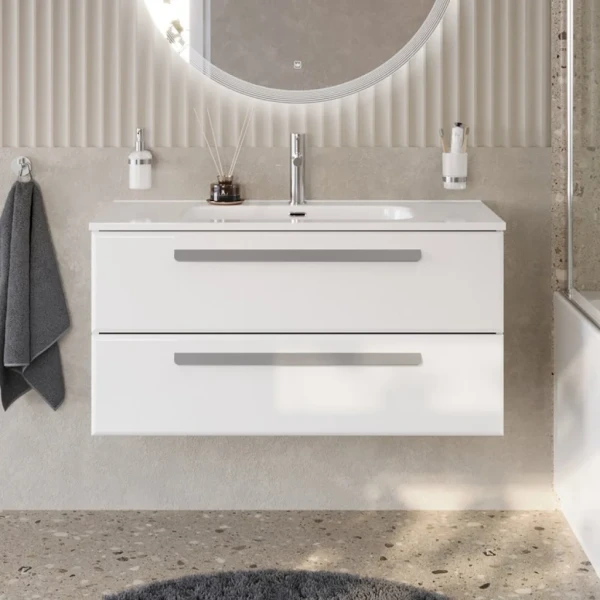 Тумба с раковиной Cezares Eco Cer-N 100 bianco lucido, раковина Duet 100, ручки серые