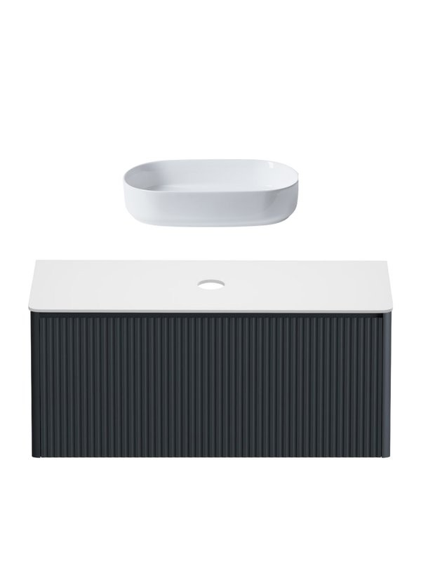 Тумба с раковиной Allen Brau Gravity 120 1 ящик, с фрезеровкой, матовый антрацит, столешница белая, раковина Fantasy Oval 55, белая