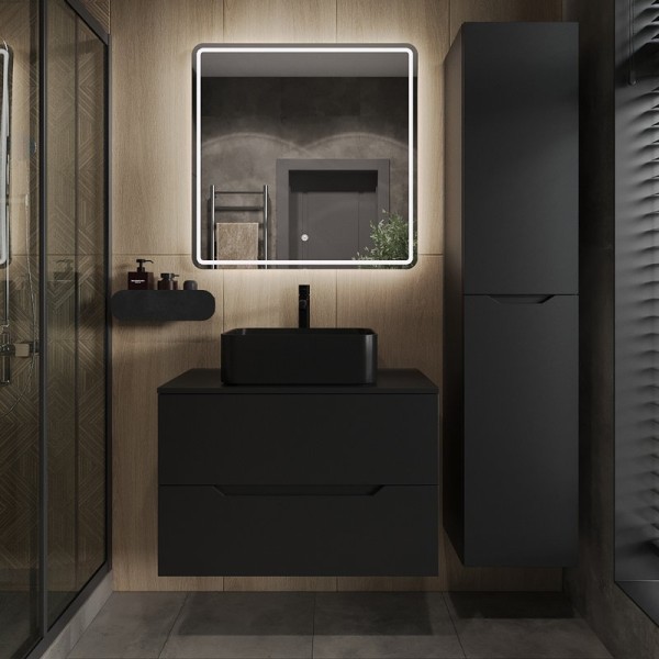Мебель для ванной комнаты Orange Line 80 подвесная, 2 ящика, матовая черная с раковиной B02-460MB