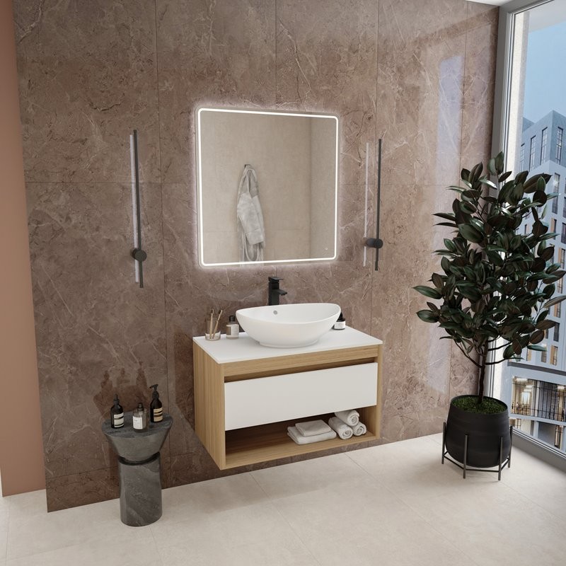 Тумба с раковиной Teymi Ritta 85 дуб эврика, матовая белая, раковина Lori 60