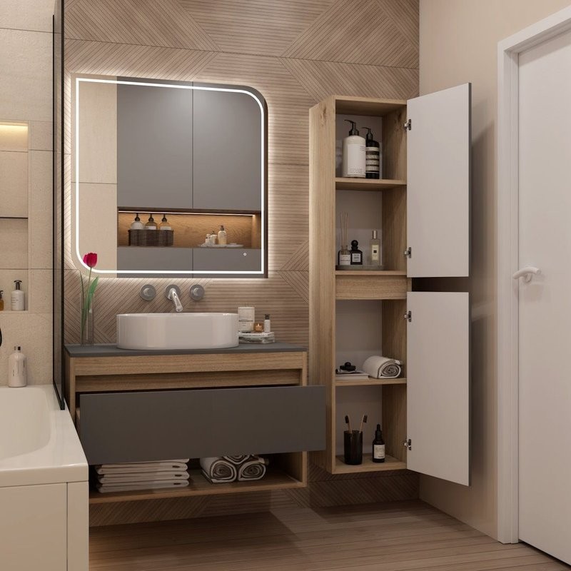 Тумба подвесная Teymi Ritta 85, ящик с доводчиком, цвет дуб эврика/графит матовый T60532