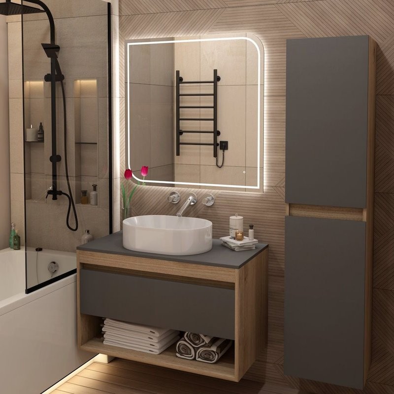 Тумба подвесная Teymi Ritta 85, ящик с доводчиком, цвет дуб эврика/графит матовый T60532