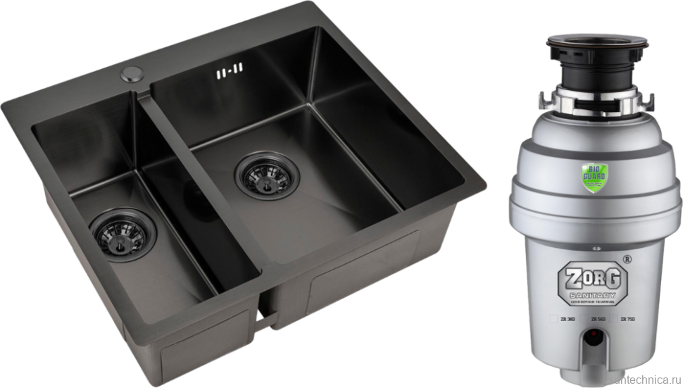 Комплект Мойка Zorg Inox PVD 59-2-51-R GRAFIT R, графит + Измельчитель Inox D