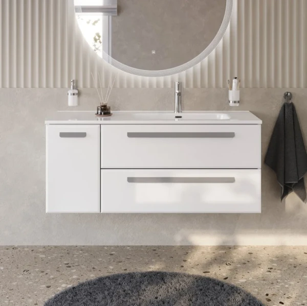 Тумба с раковиной Cezares Eco Cer-N 120 R 2 ящика, 1 дверца, bianco lucido, раковина Duet 120 R, ручки серые