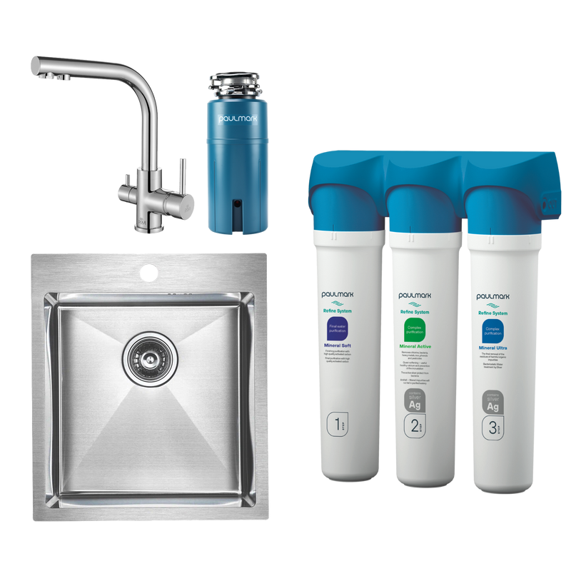 Комплект Мойка кухонная Paulmark Kroner PM214551-BS брашированная нержавеющая сталь + Смеситель Essen 213011-СR хром + Измельчитель Intenso I-PRO 1000 + Фильтр Refine System