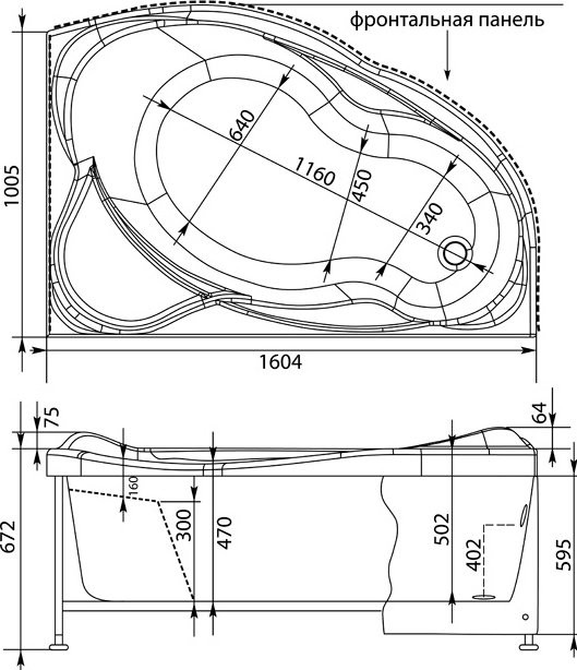 Акриловая ванна Aquanet Jamaica 00205503 R 160x100 см, угловая, правая, пристенная, белая, асимметричная, с каркасом, с сиденьем