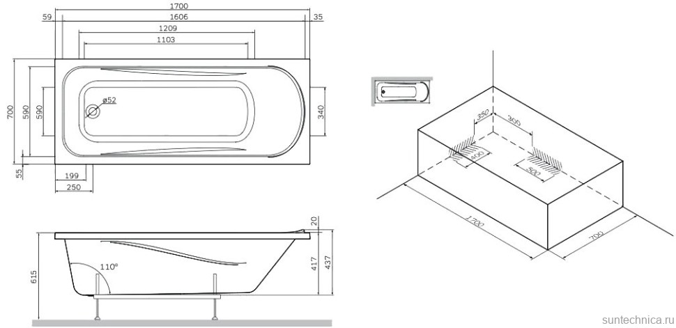 Акриловая ванна AM.PM Sense 170x70 см, пристенная, белая, со сливом-переливом