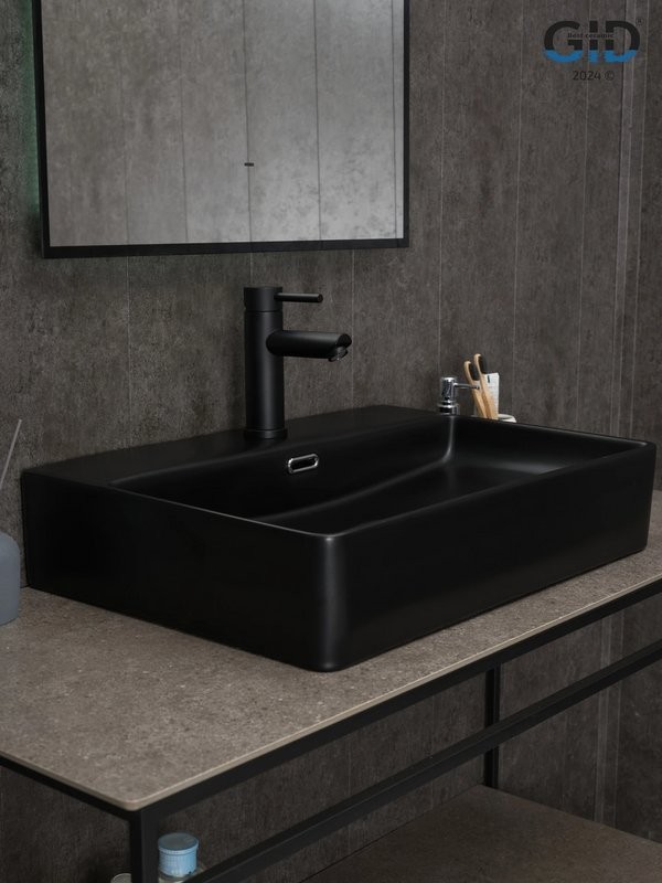 Накладная раковина GID Geometrico Bm9256 60 матовая черная, прямоугольная, фаянс, с 1 отверстием под смеситель