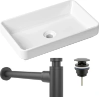 Комплект Накладная раковина Lavinia Boho Bathroom Sink Slim 33311004 + Донный клапан Wellsee Drainage System 182140000 матовый черный + Сифон 182105000 матовый черный