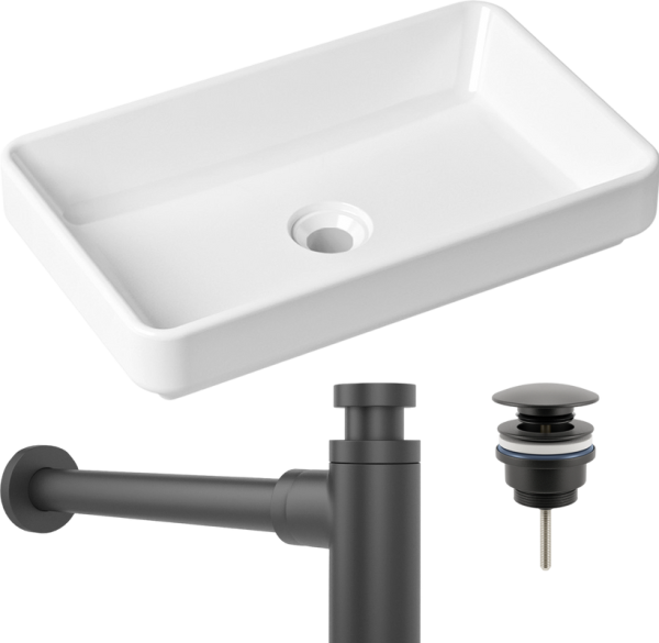Комплект Накладная раковина Lavinia Boho Bathroom Sink Slim 33311004 + Донный клапан Wellsee Drainage System 182140000 матовый черный + Сифон 182105000 матовый черный