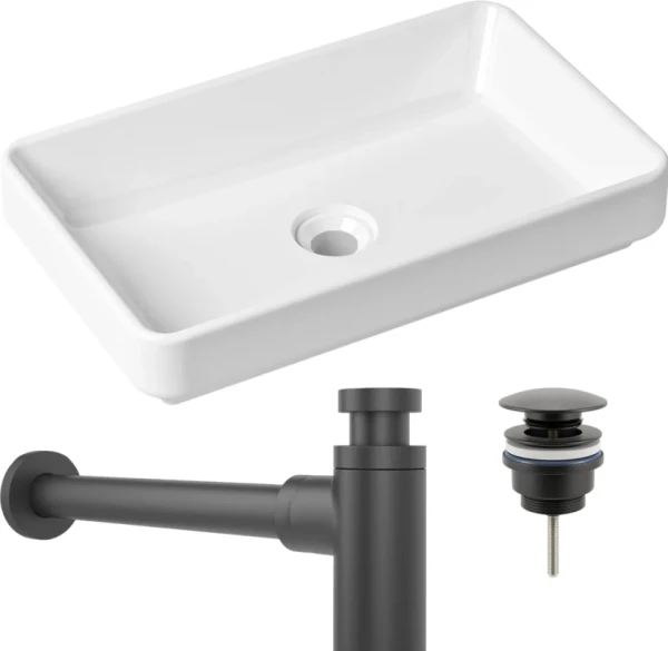 Комплект Накладная раковина Lavinia Boho Bathroom Sink Slim 33311004 + Донный клапан Wellsee Drainage System 182140000 матовый черный + Сифон 182105000 матовый черный