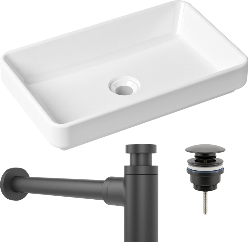 Комплект Накладная раковина Lavinia Boho Bathroom Sink Slim 33311004 + Донный клапан Wellsee Drainage System 182140000 матовый черный + Сифон 182105000 матовый черный