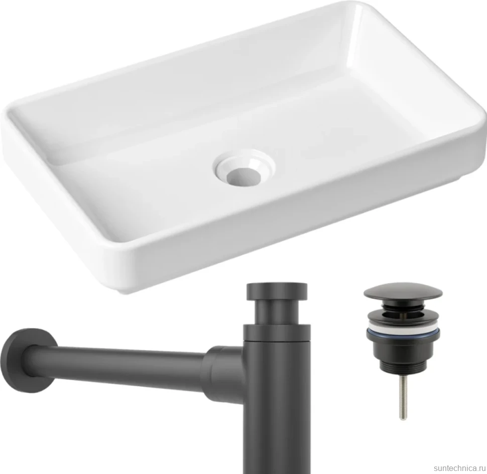 Комплект Накладная раковина Lavinia Boho Bathroom Sink Slim 33311004 + Донный клапан Wellsee Drainage System 182140000 матовый черный + Сифон 182105000 матовый черный