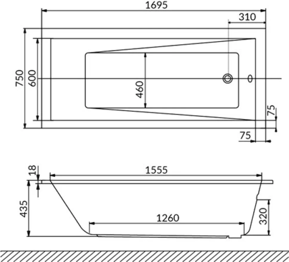 Акриловая ванна WHITECROSS Wave Slim 170x75 см, встраиваемая, белый глянец, на ножках